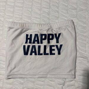White Tube Top with Blue 'HAPPY VALLEY' Print